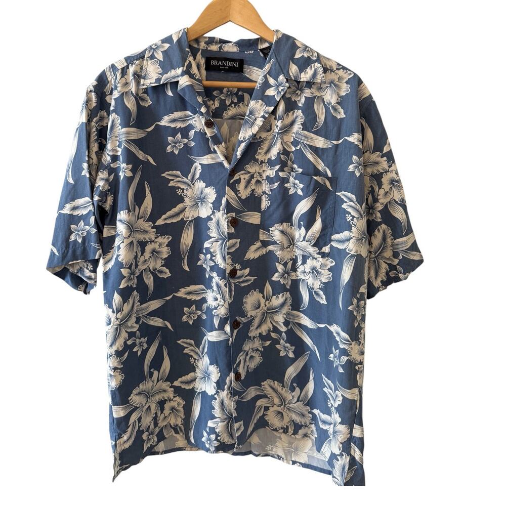 Brandini Hawaiian Shirt Silk Slate Blue Hibiscus Print S